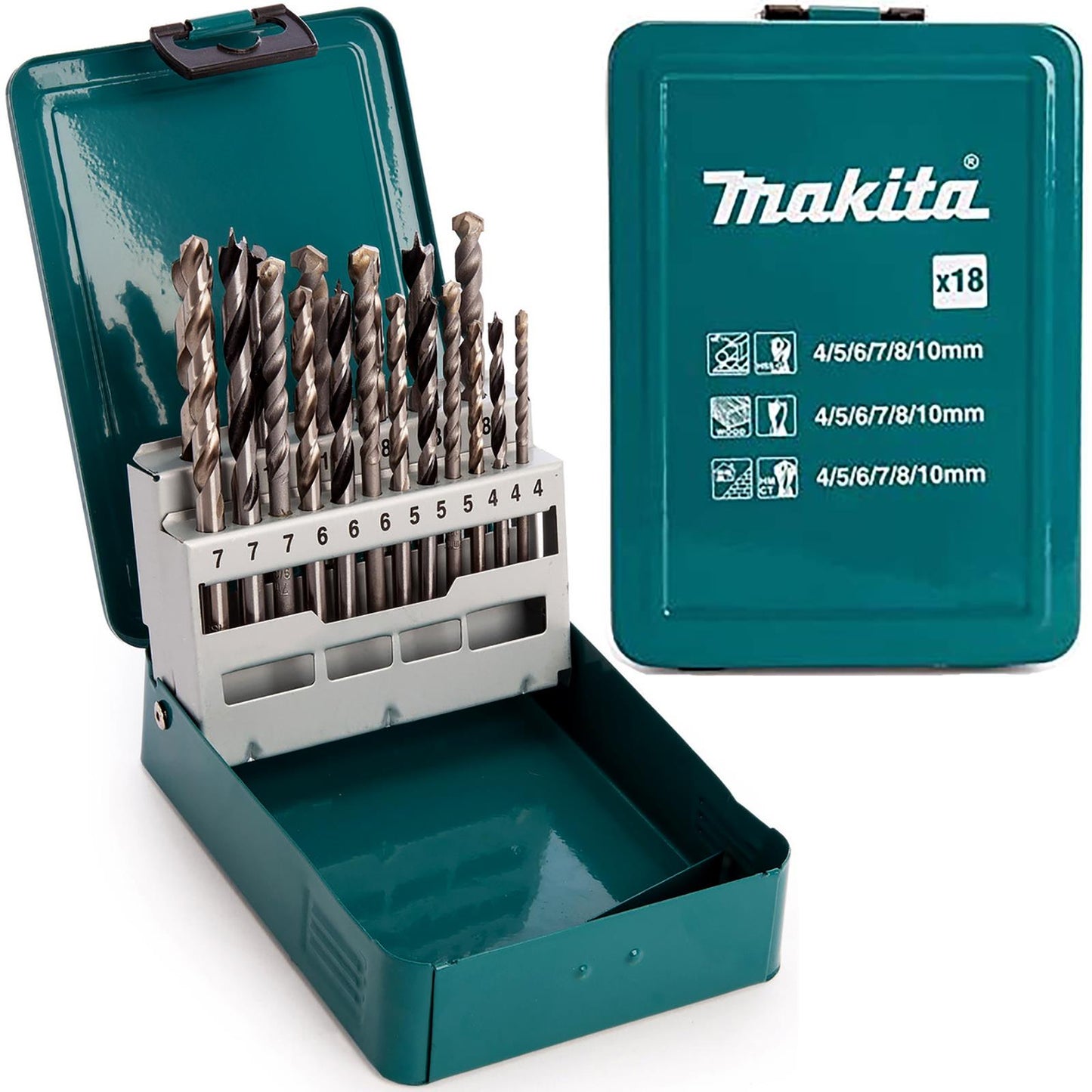 🔩 Makita 18-Bit Universal Drill Kit (4–10 mm) Wood, Concrete & Metal | Heavy-Duty Metal Case